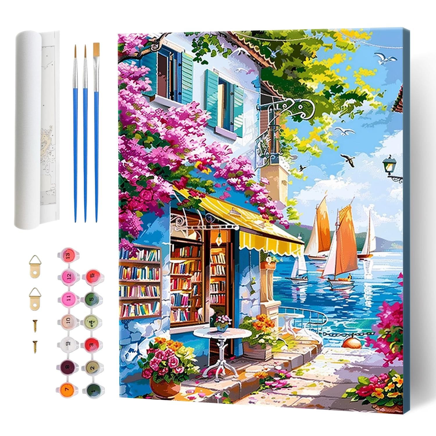 Hlison Paint by Numbers Kit for Adults Beginners, Book Store Landscape Adults Paint by Number on Canvas with Complete Sets, DIY 