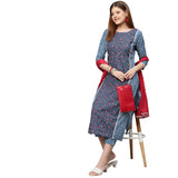 Gosriki Women'S Cotton Blend Printed Straight Kurta With Pant & Dupatta (Pinkari Blue_M-Go_Blue_Medium),Blue,,B0B42P3X67