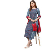 Anni Designer Women'S Cotton Blend Printed Straight Kurta With Pant & Dupatta (Pinkari Blue_M_Blue_Medium),Blue,M