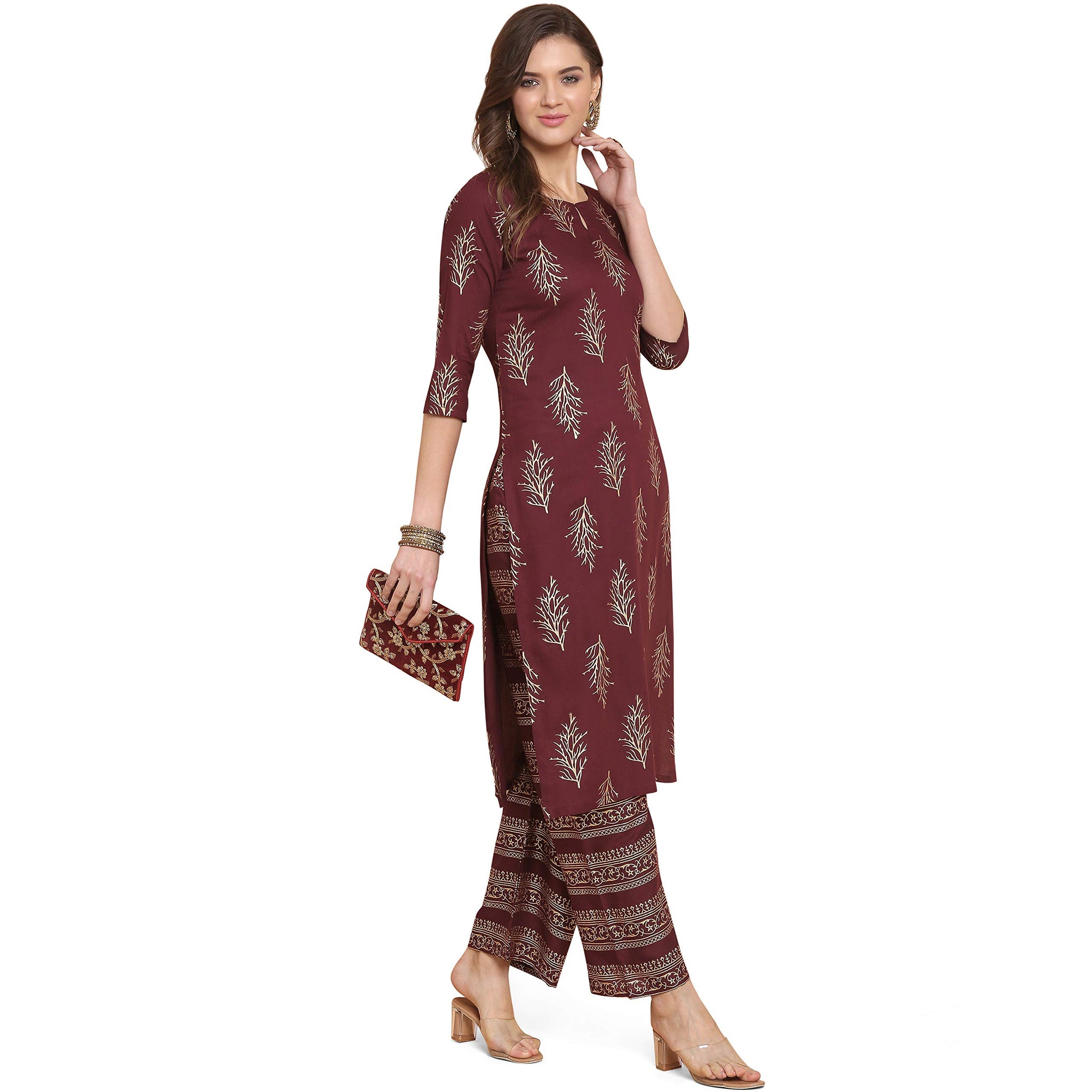 Anni Designer Women'S Rayon Straight Kurta With Palazzo Brown,Brown,L