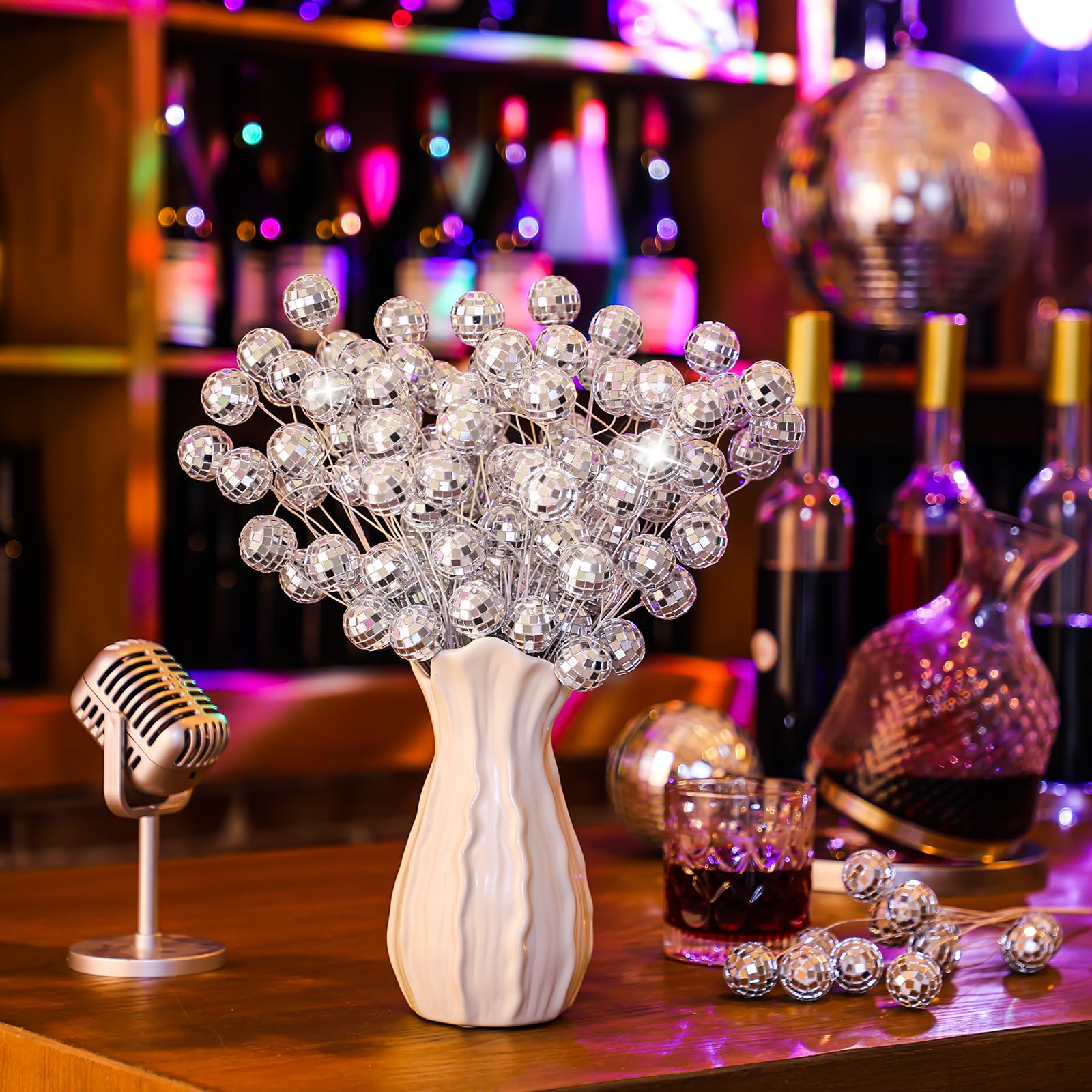 Knitgrip 12 Pcs Disco Ball Ornaments Silver Christmas Ornaments Disco Balls Party Decorations Glitter Mini Flower Picks Sticks B