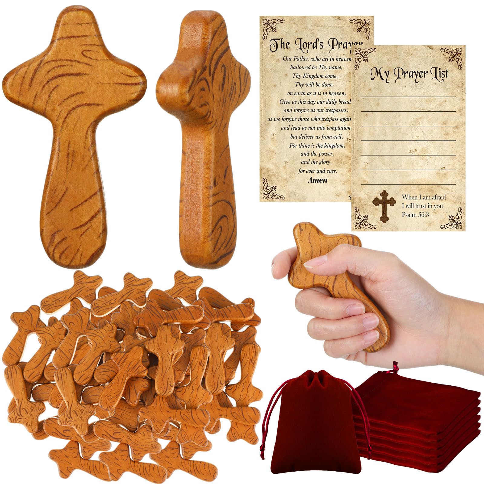 Kigley 24 Sets 4.1 Inches Wood Holding Crosses Bulk Thanksgiving 24 Small Pocket Hand Crosses 24 Prayer Cards 24 Velour Gift Pou
