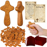 Kigley 24 Sets 4.1 Inches Wood Holding Crosses Bulk Thanksgiving 24 Small Pocket Hand Crosses 24 Prayer Cards 24 Velour Gift Pou