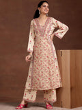 Libas Womens Printed Cotton A-Line Kurta With Palazzos Beige S 36755O