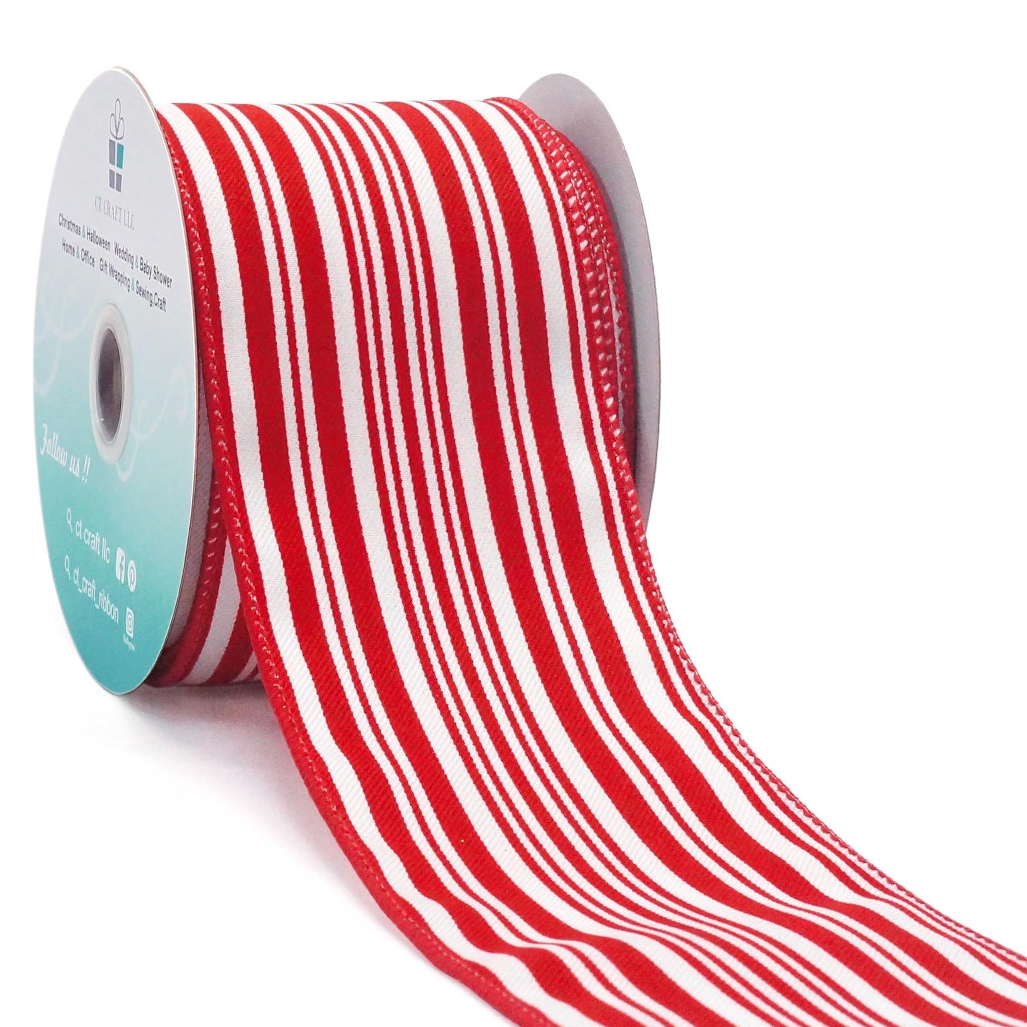 CT CRAFT LLC Red and White Stripe Wired Ribbon - 2.5 Wide x 10 Yards Long Decorative Fabric Ribbon for Crafts, Gift Wrapping, an