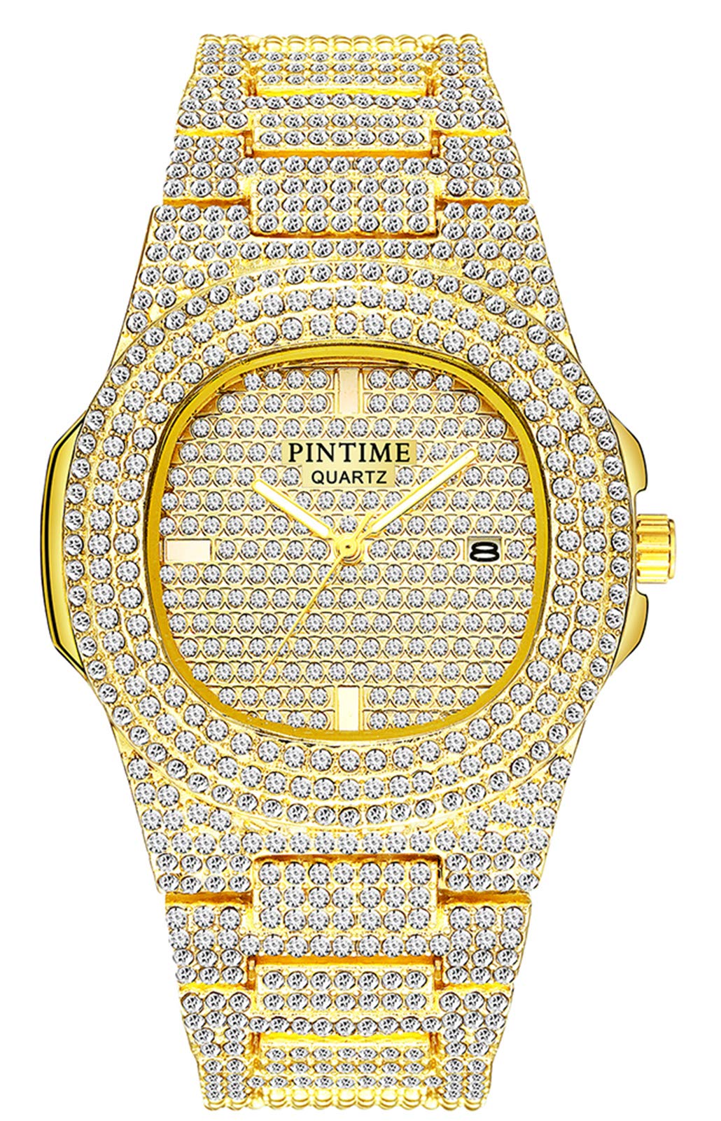 PINTIME Mens Diamond Watches Luxury Unisex Silver Gold Iced-Out Bling CZ Crystal Fashion Quartz Stainless Steel Women's Wristwat