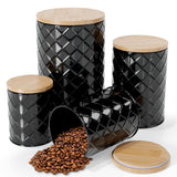 Pebble & Stem Black Metal Canister Set for the Kitchen Counter, Food Canister Set of 4, Airtight Lids, Sugar and Flour Container