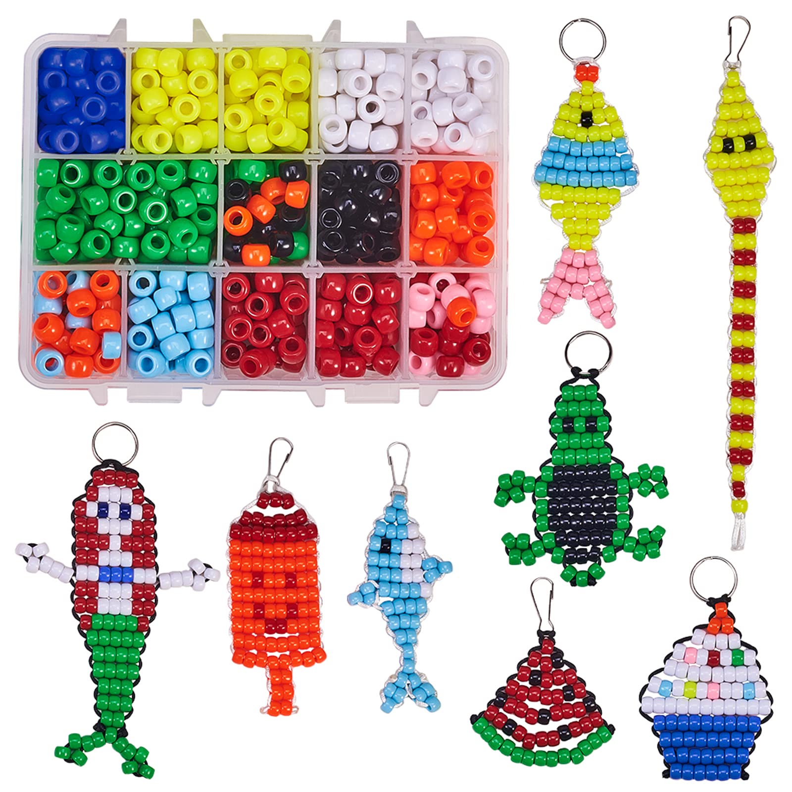SUNNYCLUE 1 Box DIY 8 Pairs 620Pcs Bead Pets Kit 8mm Large Pony Beads Assortment Box Set with Keyring & Key Clasp, Polyester Cor