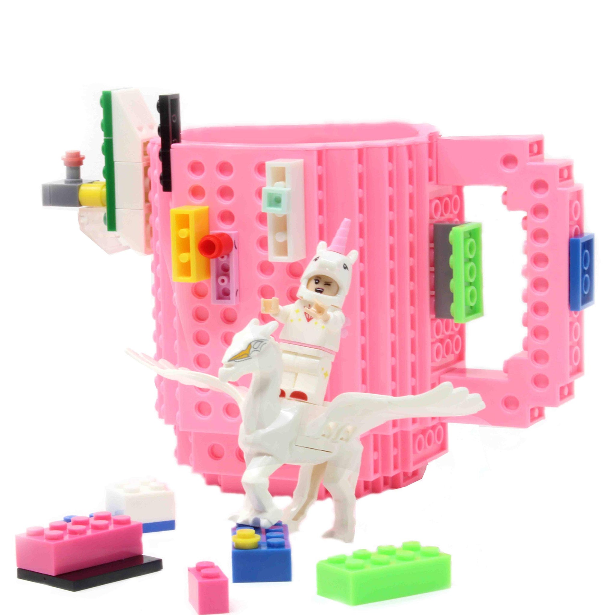 F-32 Unicorn Build-On Brick Mug W/ 5 Packs Of Building Blocks,Compatible With Lego,14 Oz Novelty Diy Unique Funny Coffee Cup Gift (Unicorn Pink)