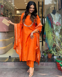 Anni Designer Women'S Silk Blend Straight Embroidered Kurta With Pant & Dupatta (Deluxe Orange-Vks01_M_Orange_Medium),Orange,M,,,