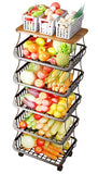 MURRI&MURRDI Fruit Vegetable Storage Basket with Wooden Lid, 6 Tier Stackable Wire Storage Baskets with Wheels Produce Basket Or