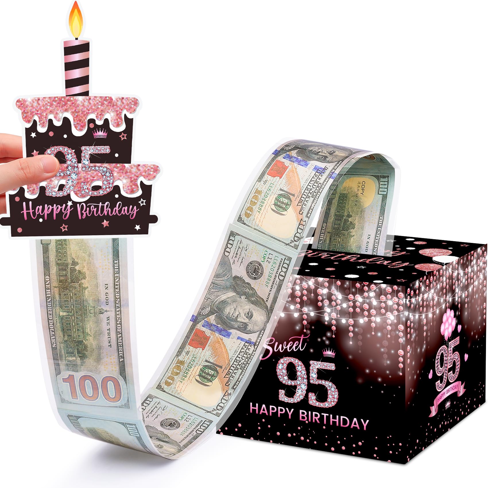 Meiidoshine Sweet 95th Birthday Money Box for Cash Gift, Surprise Pull Out Money Gift Box with 100Pcs Transparent Bags - Fun Way