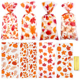 Fall Treat Bags,Thanksgiving Cellophane Treat Bags,Pumpkin Leaf Fall Candy Bag,Plastic Fall Goodie Bag Autumn Maple Leaf Pumpkin