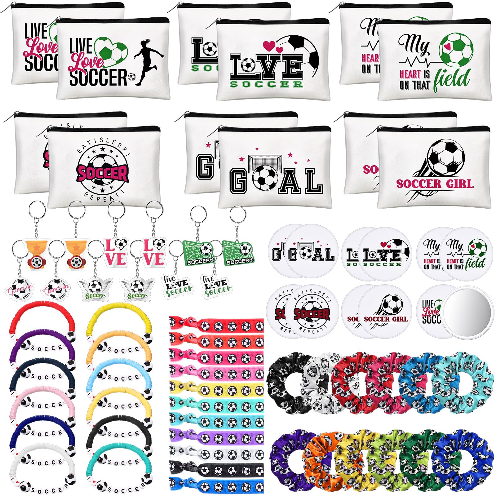 Baderke 72 Pcs Soccer Accessories Gifts Include 12 Make up Bags 12 Mirrors 12 Acrylic Keychains 12 Bracelet 12 Scrunchies 12 Hai