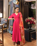 Anni Designer Women'S Rayon Blend Anarkali Solid Kurta With Pant & Dupatta (Bette Pink_L_Pink_Large),Pink,L,Rayon Blend,Anarkali,