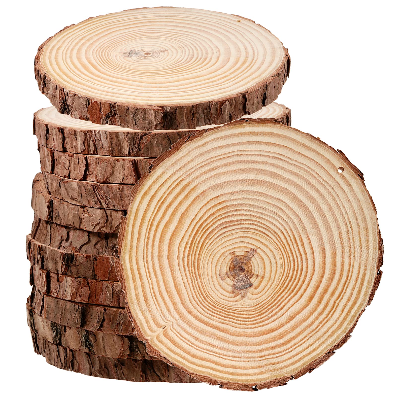 JEUIHAU 12 PCS 5.5-5.9 Inches Natural Wood Slices with Holes, Unfinished Predrilled Wooden Circles Tree Bark Slice, Blank Wooden