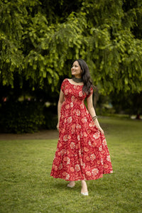 Anni Designer Women'S Cotton Blend Anarkali Printed Long Kurta (Maulik Red_M_Red_Medium),Red,M,,,