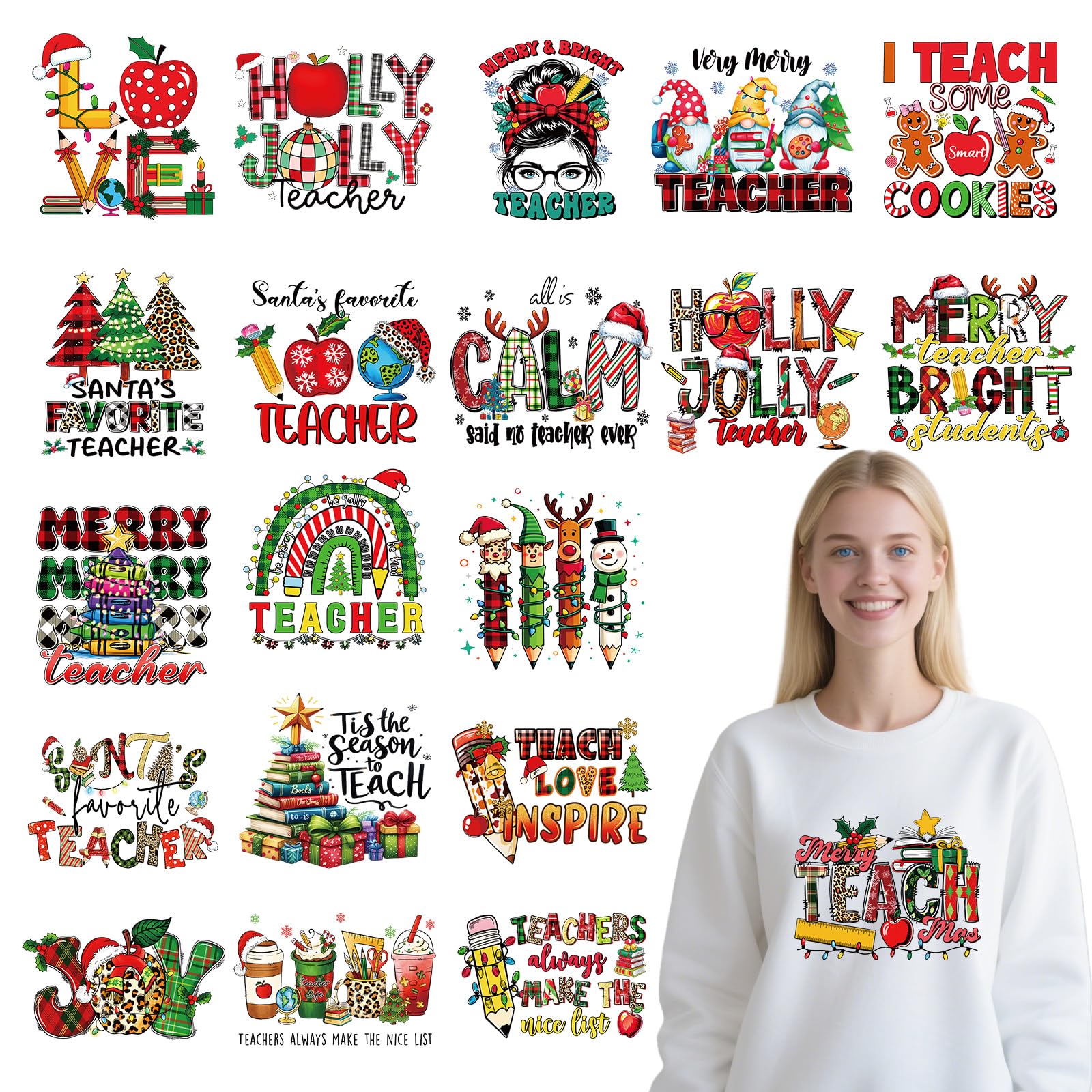 Shejdgart Dtf Transfers Ready to Press - 20 Pcs Christmas Teacher Iron on Transfers for T-Shirts Heat Transfer Xmas Rainbow Gnom