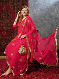 Anni Designer Women'S Cotton Blend Anarkali Printed Kurta With Pant & Dupatta (Shrinika Pink-Jl_Xl_Pink_X-Large),Pink,XL,,,
