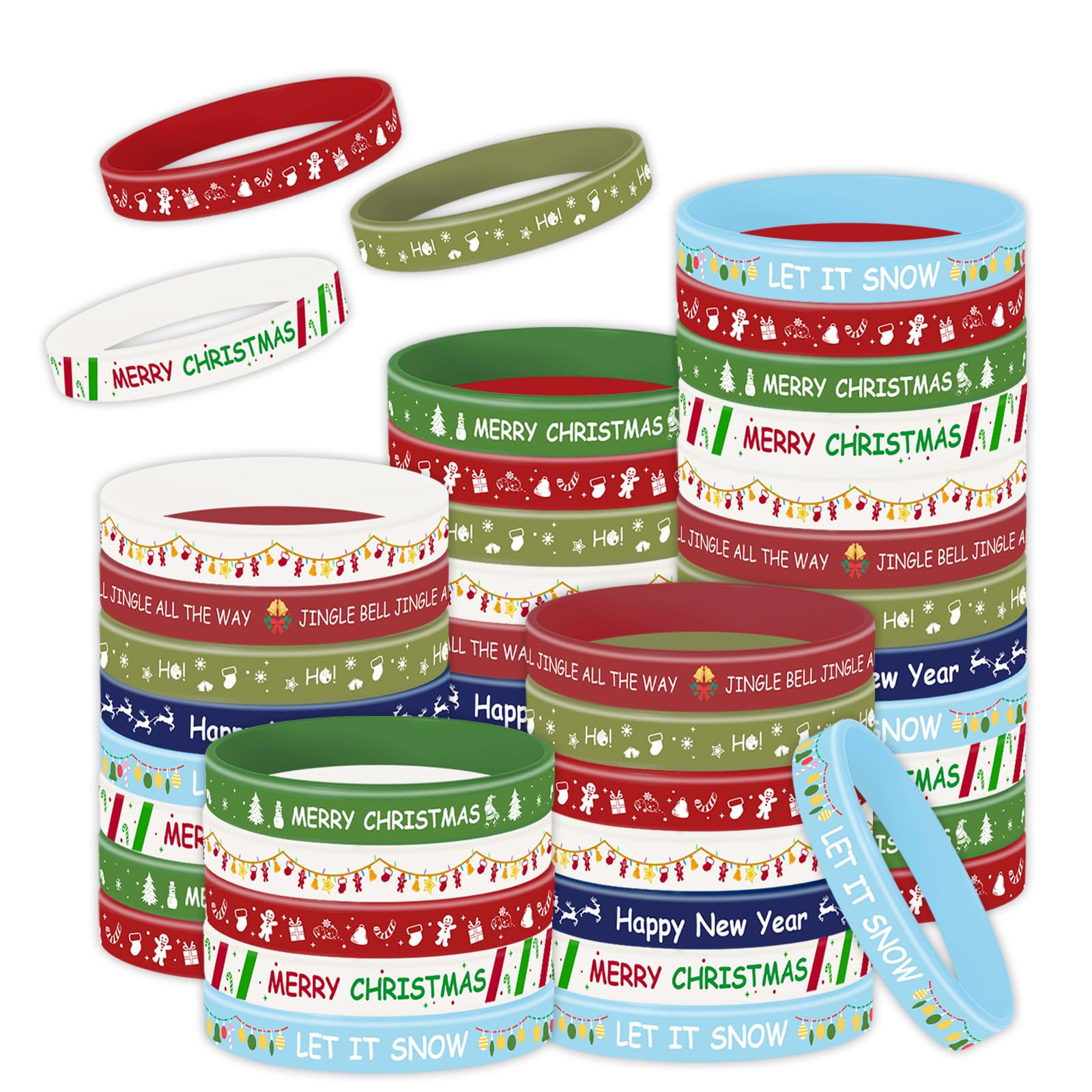 MATEPLUS 24Pcs Christmas Silicone Bracelets Xmas Rubber Wristbands for Family Holiday Party Favors Supplies for Kids Adults,Chri