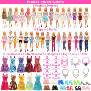 BARWA 42 Pack Doll Clothes and Accessories 5 PCS Fashion Dresses 5 Tops 5 Pants Outfits 6 PCS Mini Dresses 10 Shoes 6 Necklace 1
