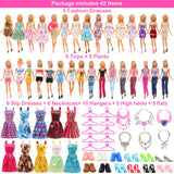 BARWA 42 Pack Doll Clothes and Accessories 5 PCS Fashion Dresses 5 Tops 5 Pants Outfits 6 PCS Mini Dresses 10 Shoes 6 Necklace 1