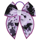 Bats Halloween Hair Bow Tie for Women Girls 5.5 Inch Large Spooky Black Purple Spider Mesh Ribbon Fable Bow Elastic Hair Band Pa