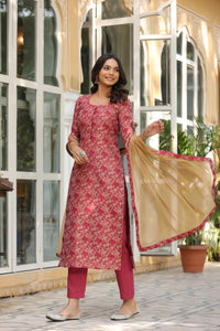 Gosriki Women'S Cotton Blend Straight Printed Kurta With Pant & Dupatta (Banarsi-Red-Bfv-Gs_L_Red_Large),Red,,B0CPXW98GL
