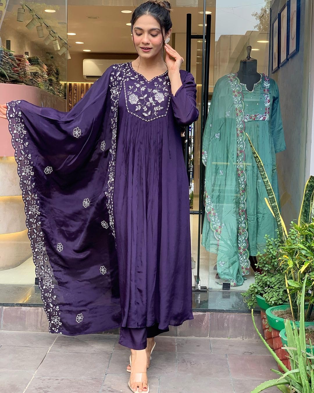 Anni Designer Women'S Rayon Blend Anarkali Embroidered Kurta With Pant & Dupatta (Mine Violet_M_Violet_Medium),Violet,M,Rayon Blend,Anarkali,