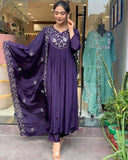 Anni Designer Women'S Rayon Blend Anarkali Embroidered Kurta With Pant & Dupatta (Mine Violet_M_Violet_Medium),Violet,M,Rayon Blend,Anarkali,