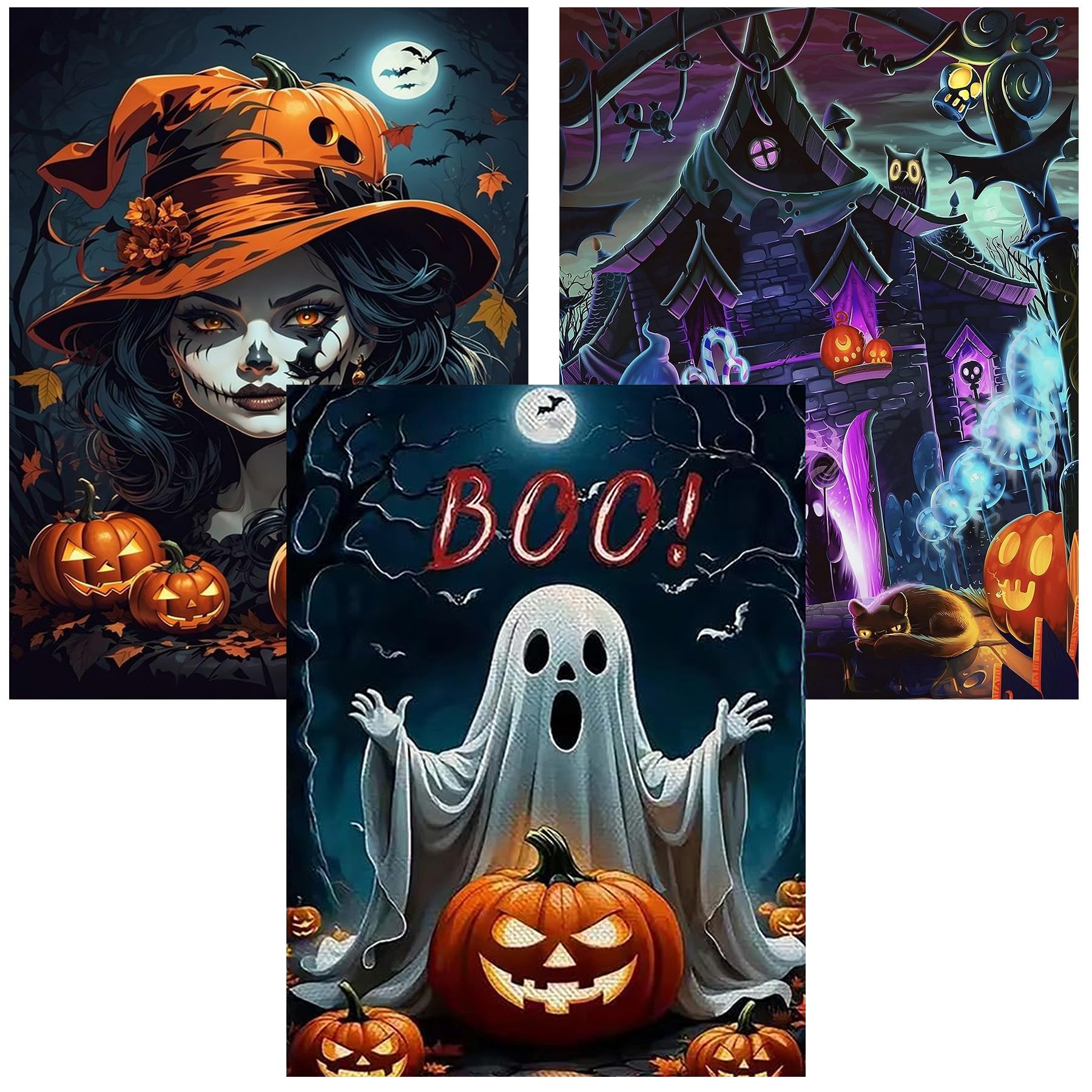 igoodom Diamond Art Kits for Adults, 3 Pack Halloween Diamond Painting Kit, Full Drill Round Halloween Diamond Art Kits, DIY Gem