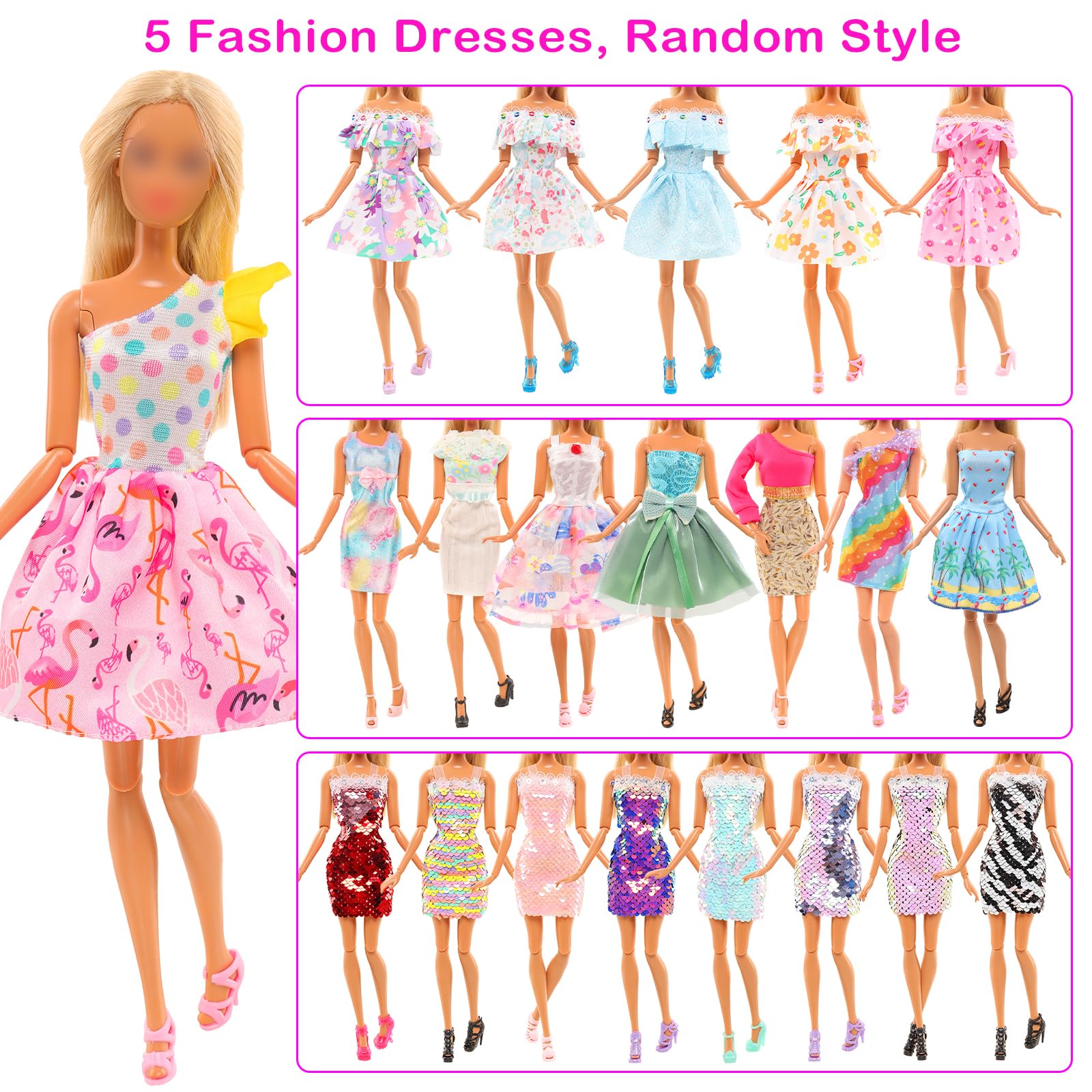 BARWA 42 Pack Doll Clothes and Accessories 5 PCS Fashion Dresses 5 Tops 5 Pants Outfits 6 PCS Mini Dresses 10 Shoes 6 Necklace 1