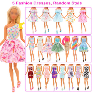 BARWA 42 Pack Doll Clothes and Accessories 5 PCS Fashion Dresses 5 Tops 5 Pants Outfits 6 PCS Mini Dresses 10 Shoes 6 Necklace 1