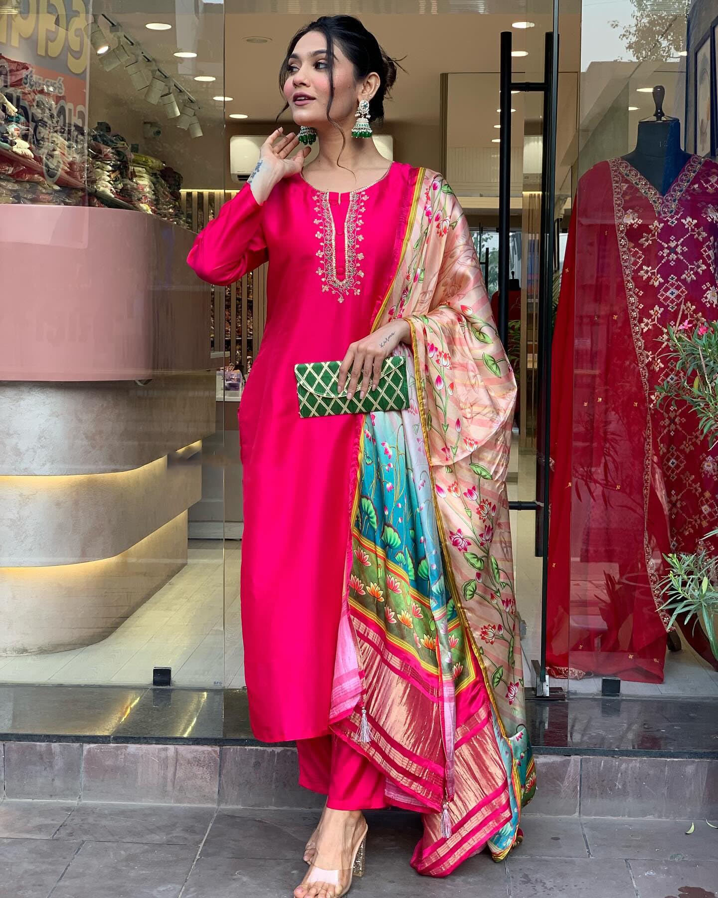 Anni Designer Women'S Rayon Blend Embroidered Straight Kurta With Pant & Dupatta (Ocb Pink_S_Pink_Small),Pink,S,Rayon Blend,Regular,Kurta,Scarf