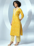Libas Womens Printed Cotton Straight Kurta With Trousers And Dupatta Mustard Xs