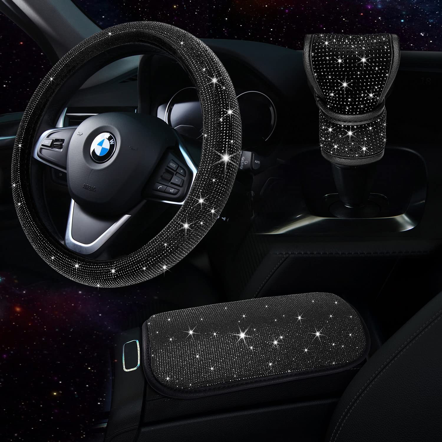 TZARROT Black Bling car Accessories Set for Women, Bling Steering Wheel cover for Women Universal Fit 15 Inch, Rhinestone center