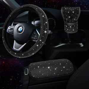 TZARROT Black Bling car Accessories Set for Women, Bling Steering Wheel cover for Women Universal Fit 15 Inch, Rhinestone center