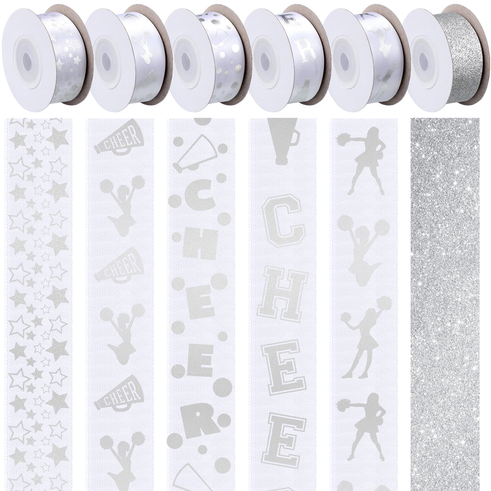 Juinte 6 Roll 60 Yard 7/8 Silver Homecoming Mum Ribbon Cheerleading Grosgrain Ribbon Cheer up for Party Favor Cheerleaders Decor