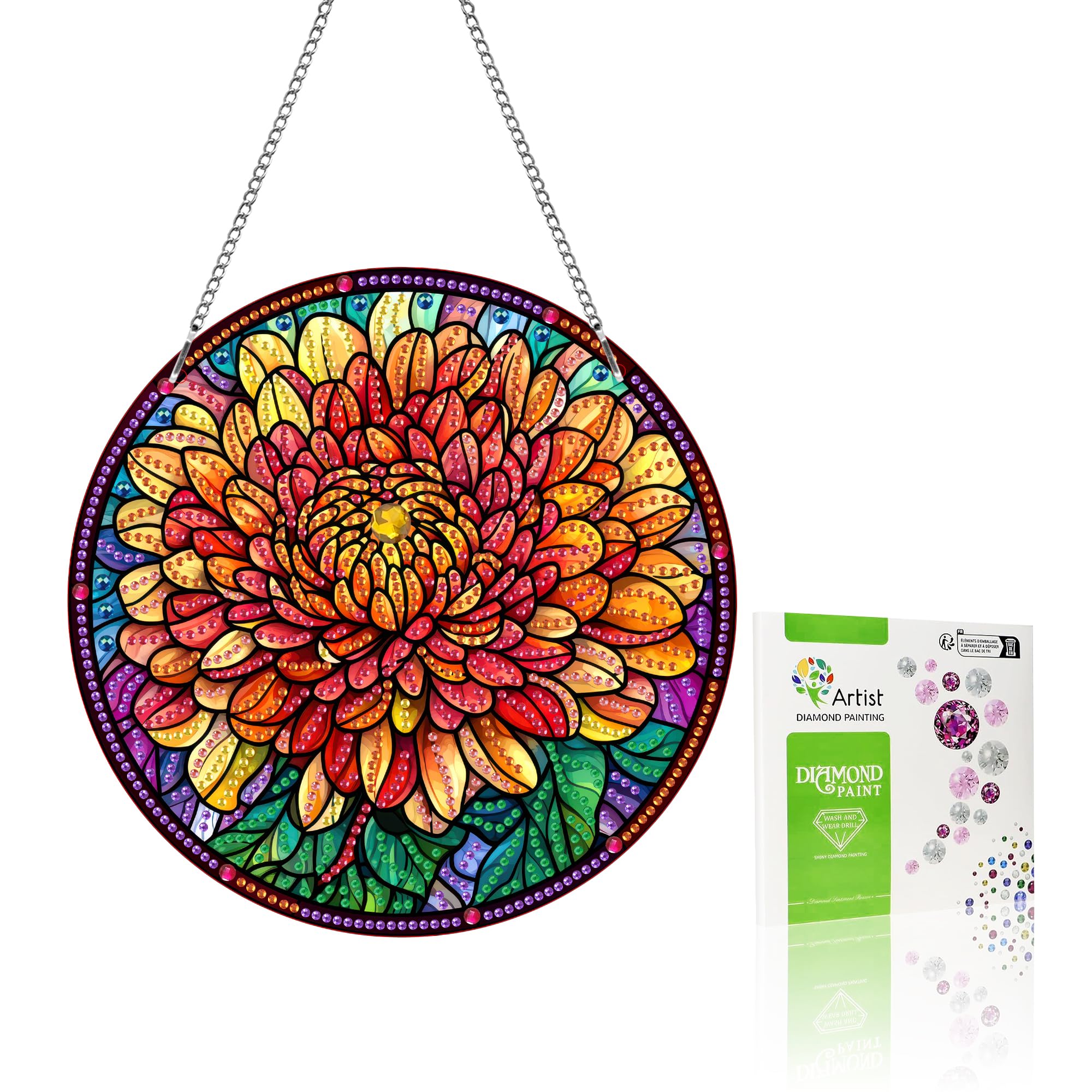 VAIIEYO Daisy Diamond Art Hanging Ornament, Flower Diamond Painting Suncatchers Window Hanging Kit with Chain, 7.5x7.5 inch Crys