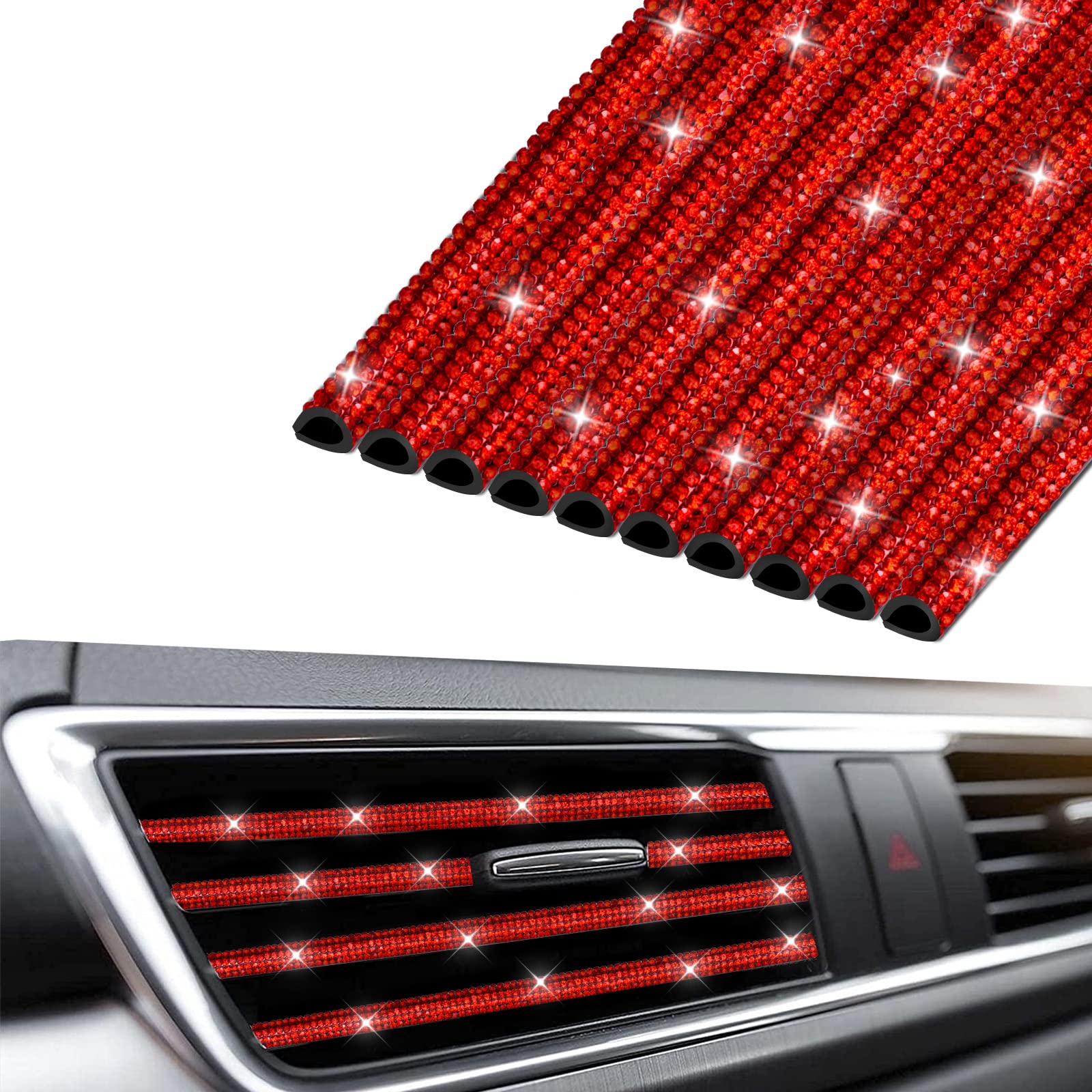 INSAUTO Bling Car Accessories for Women, Bling Car Vent Outlet Trim,10pcs Diamond Car Air Conditioner Decoration Strips(Red)
