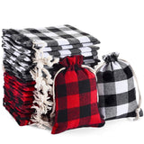24-Piece Gift Bags: Christmas Buffalo Plaid & Burlap Drawstring Washable Cotton Xmas Bags for Candy, Party Favors (Red Black, Bl