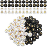 1000 Piece Round Acrylic Alphabet Letter Beads - Flat Round Disc Coin Pony Beads, 4 x 7 mm, White/Black with Gold Letter, DIY Br