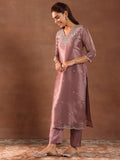 Libas Womens Yoke Design Silk Blend Straight Kurta With Trousers And Dupatta Mauve 2Xl 49339