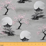 Feelyou Japanese Fabric by The Yard, Exotic Cherry Blossom Upholstery Fabric for Chairs, Oriental Pagoda Sakura Decorative Fabri