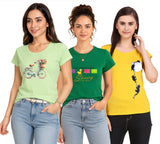 Modish WomenS Round Neck Cap Sleeve Printed Cotton TShirts Combo Of 3 TShirts. Black, Turquoise, Yellow