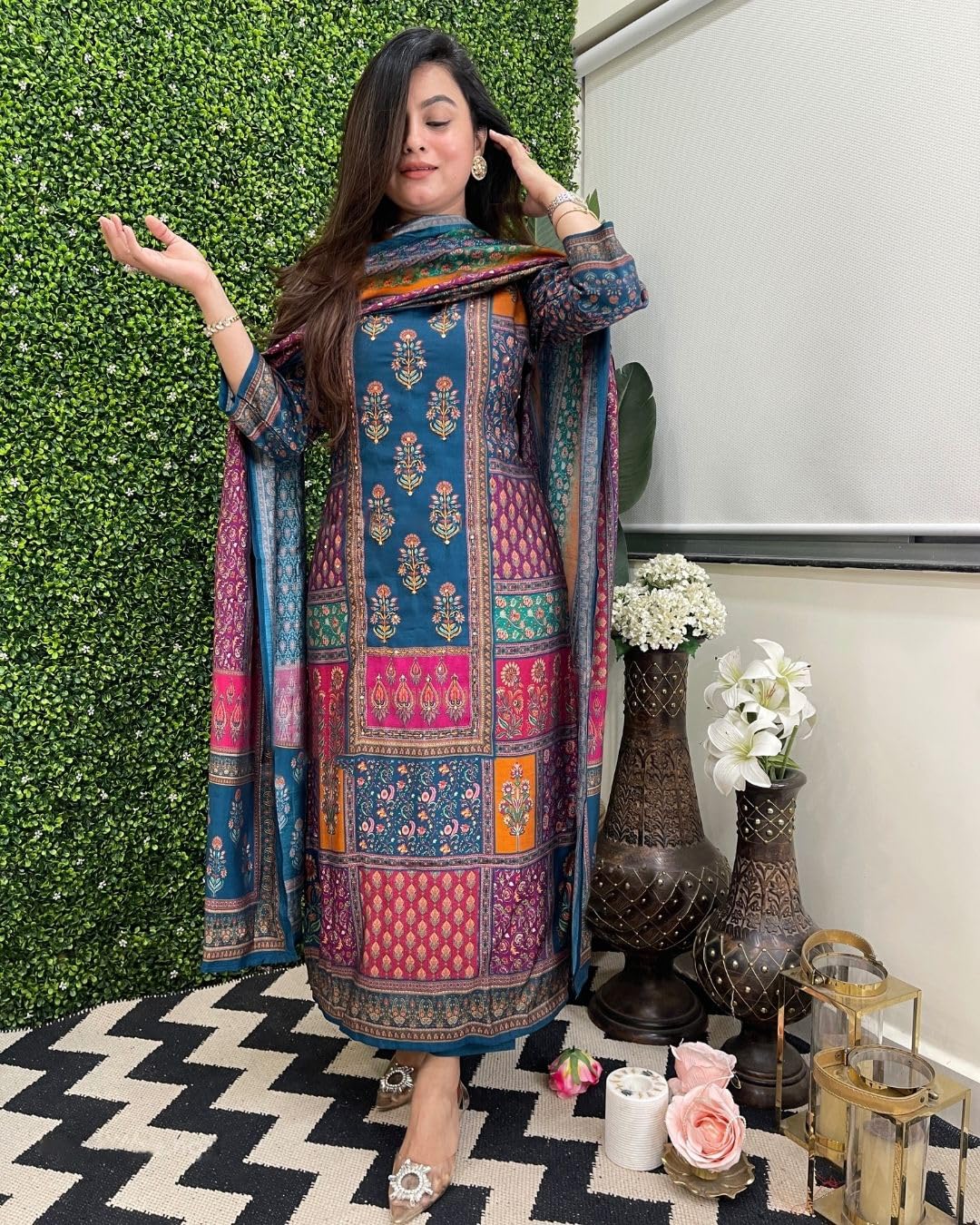 Anni Designer Women'S Rayon Viscose Printed Straight Kurta With Pant & Dupatta (Sula Multi_3Xl_Multicolor_Xxx-Large),Multicolour,3XL,Rayon Viscose,Regular,