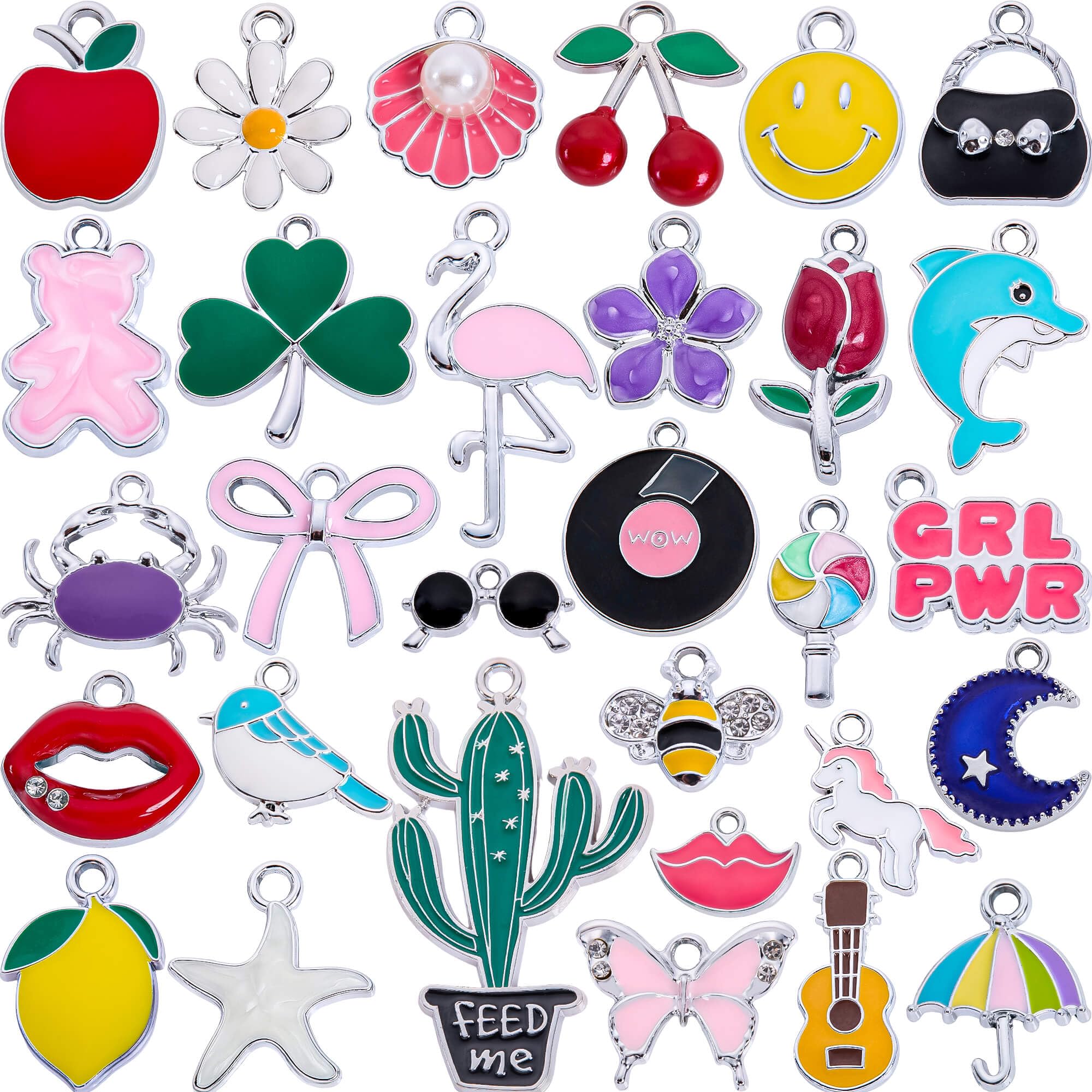 Anjulery Silver-Tone Enamel Charms Set for DIY Jewelry Making - 30 PCS Colorful Metal Pendants for Bracelets, Necklaces, Keychai