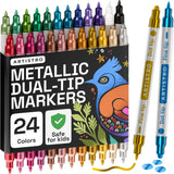 ARTISTRO 24 Metallic Acrylic Paint Markers for Rock, Fabric, Wood, Glass, Craft, Decoration - Dual-Tip Paint Pens - Stocking Stu