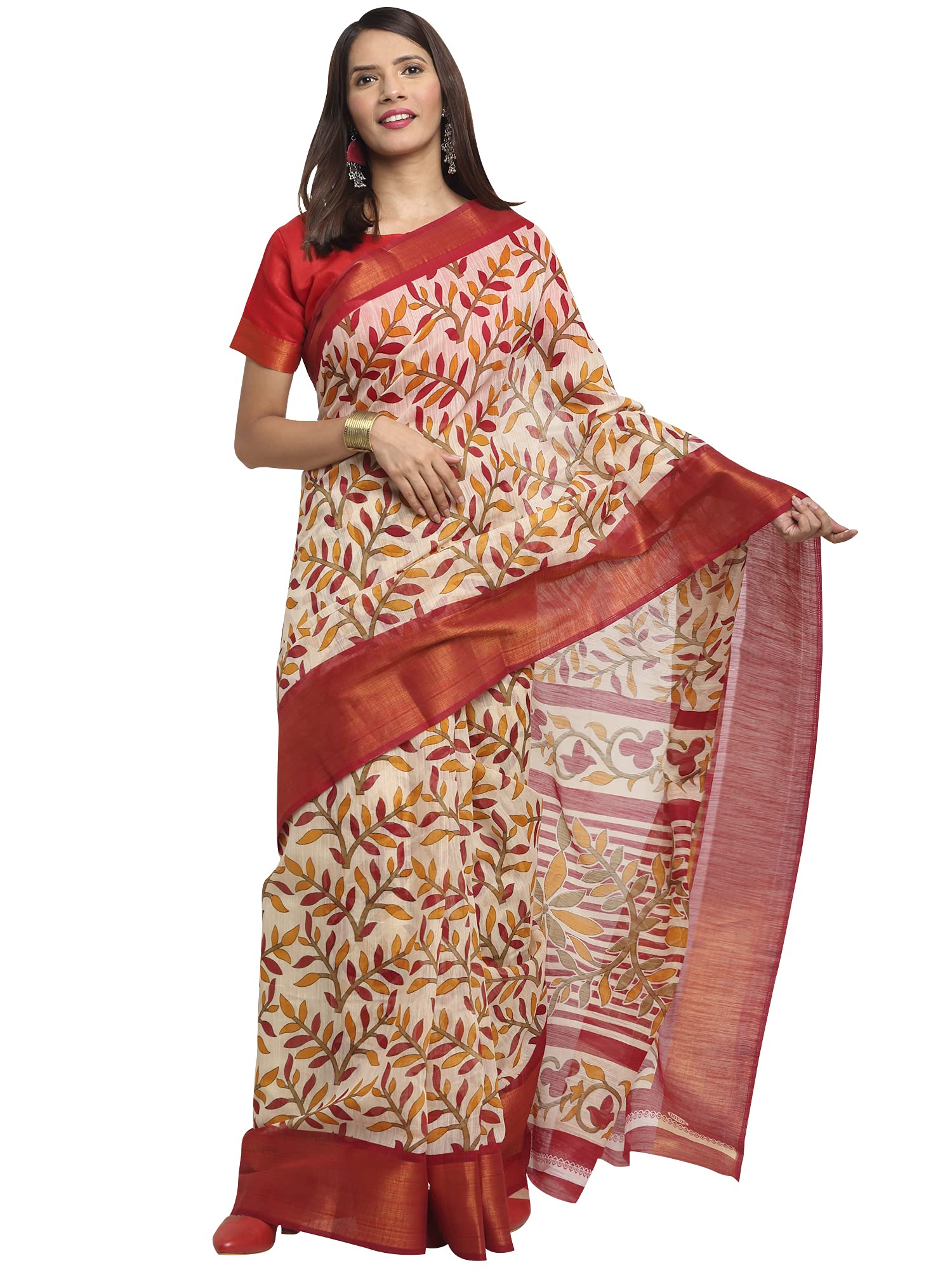 Anni Designer Women'S Linen Cotton Printed Saree With Blouse Piece (Swarna_Beige_Beige),Beige,Free