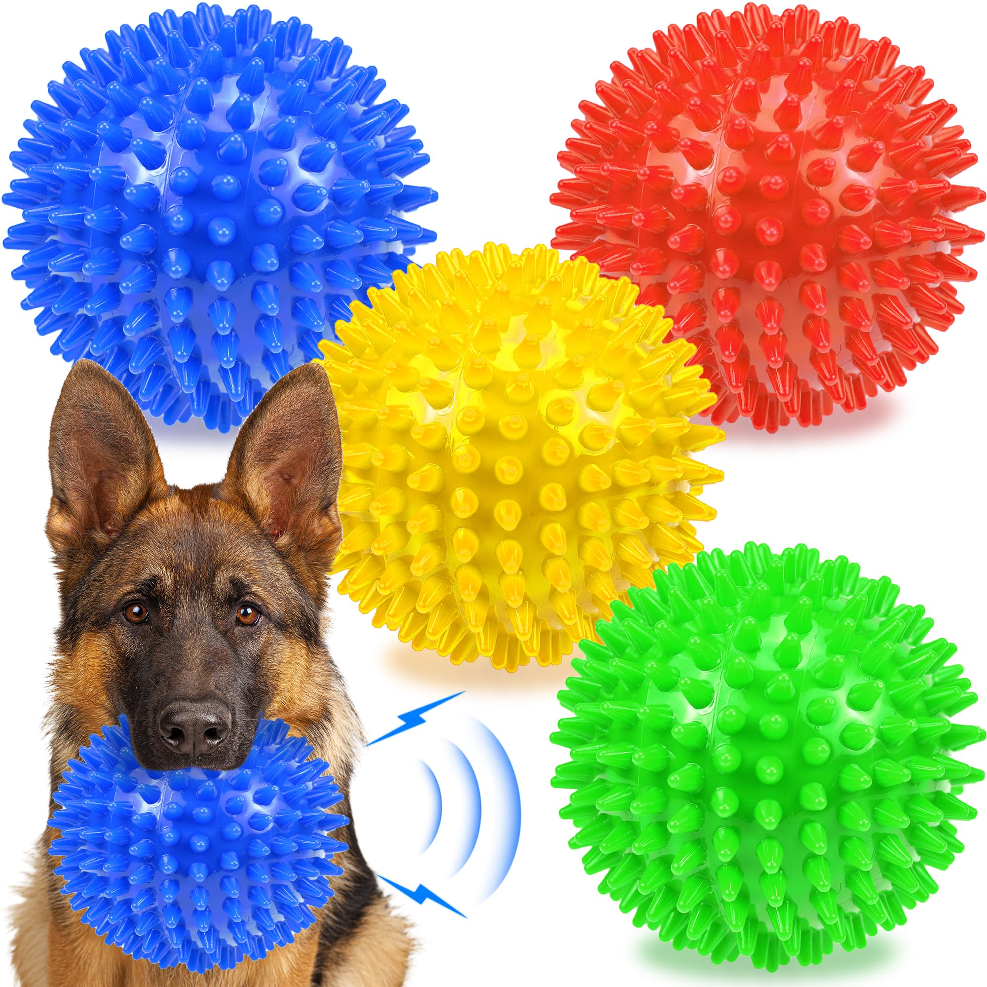 Ousiya 4.5 Squeaky Dog Balls for Aggressive Chewers - Heavy Duty Teething Toys for Large Medium Dogs - Durable Spikey Balls (4